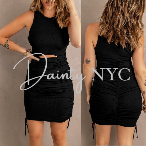Ruched Drawstring Bodycon Mini Dress BLACK - Picture 2 of 9